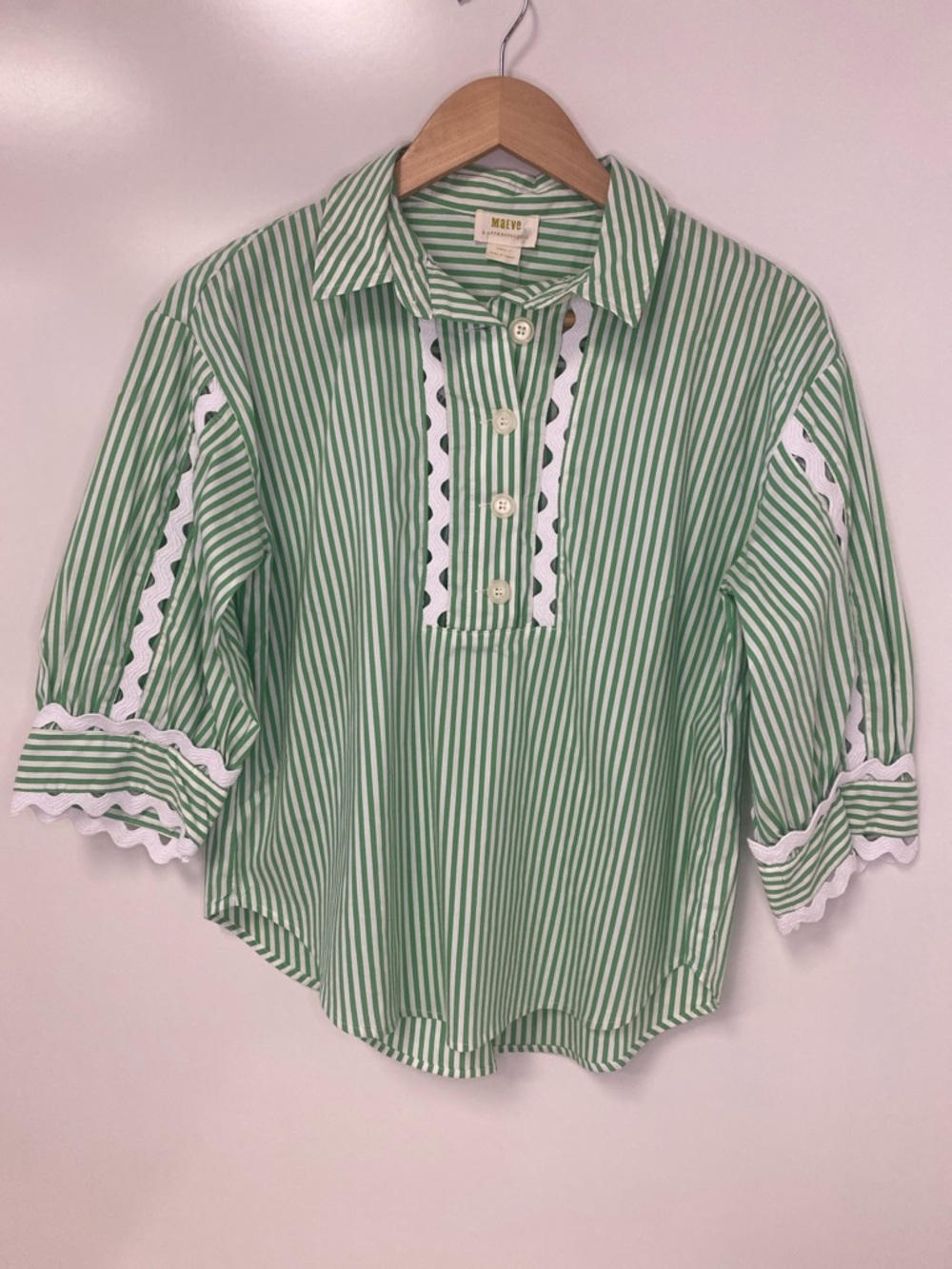 Maeve Green & White Striped Button Pullover Blouse